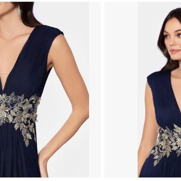 Betsy & Adam A25910 Beaded Floral Embroidered Gown in Navy/Gold size 8 - Picture 6 of 9